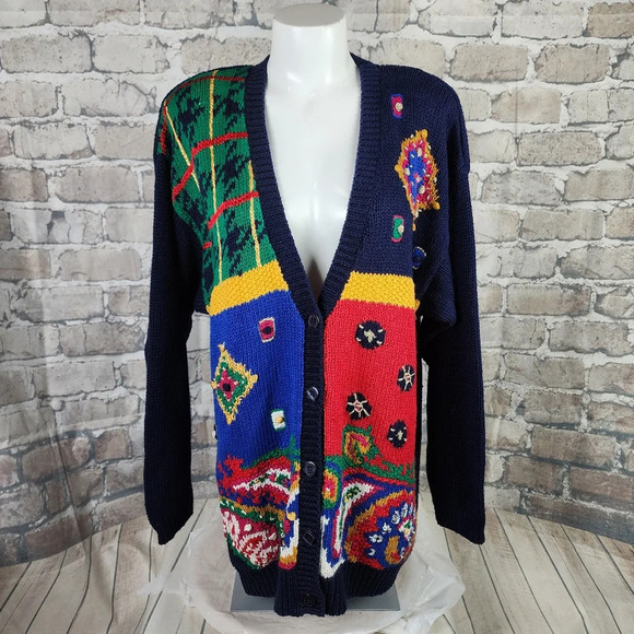 Vintage Chaus Embroidered Preppy  Cardigan Paisley Plaid Cotton Navy Size Large - Picture 4 of 14